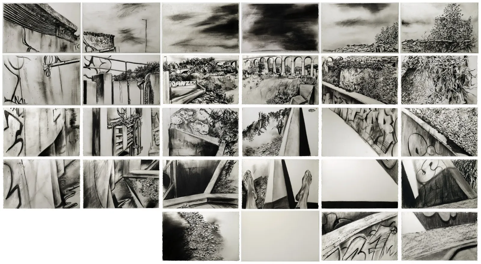 Les Aygalades — the complete work, thirty sheets recomposed as a six-by-five grid, 2005