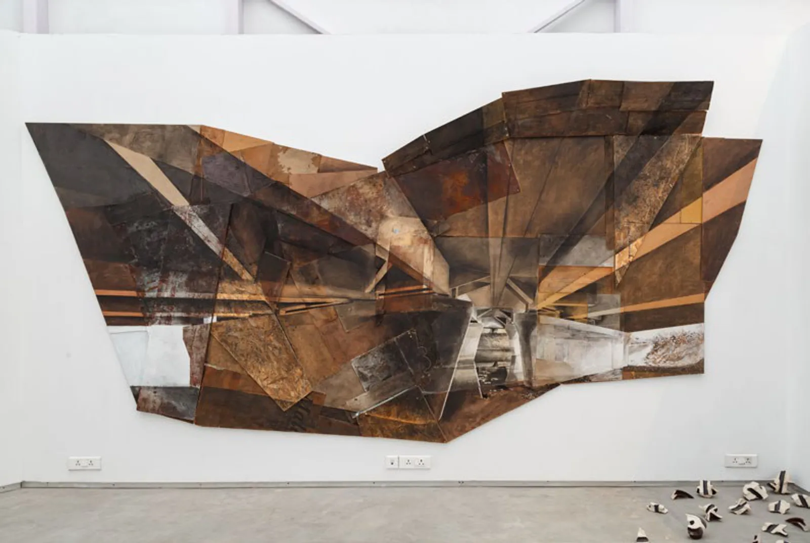 Najafgarh, 2018 — charcoal and gouache on paper, cardboard, metal, wood