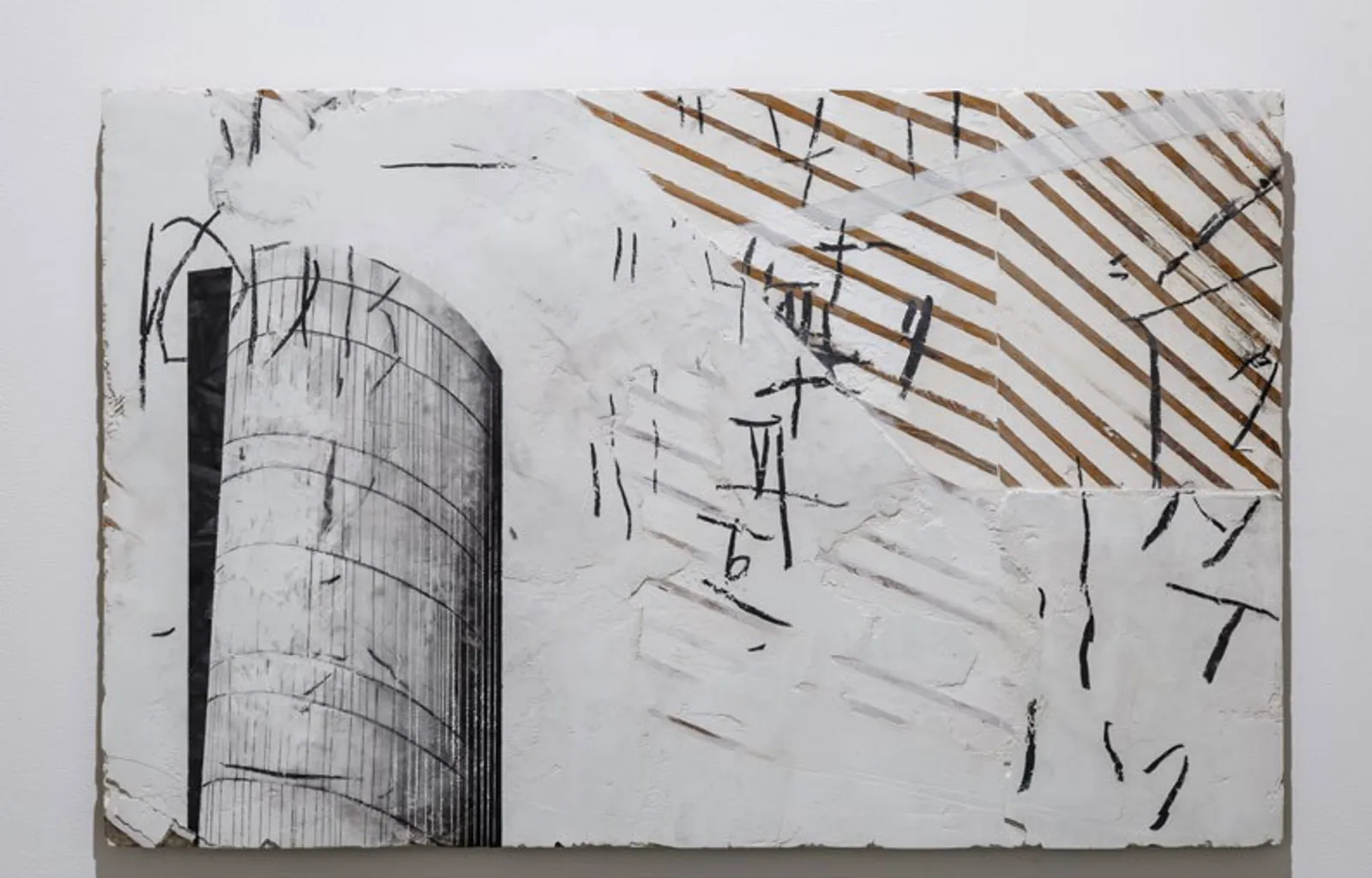 Untitled (Chor Minar), 2018 — watercolour and charcoal on white concrete and wood