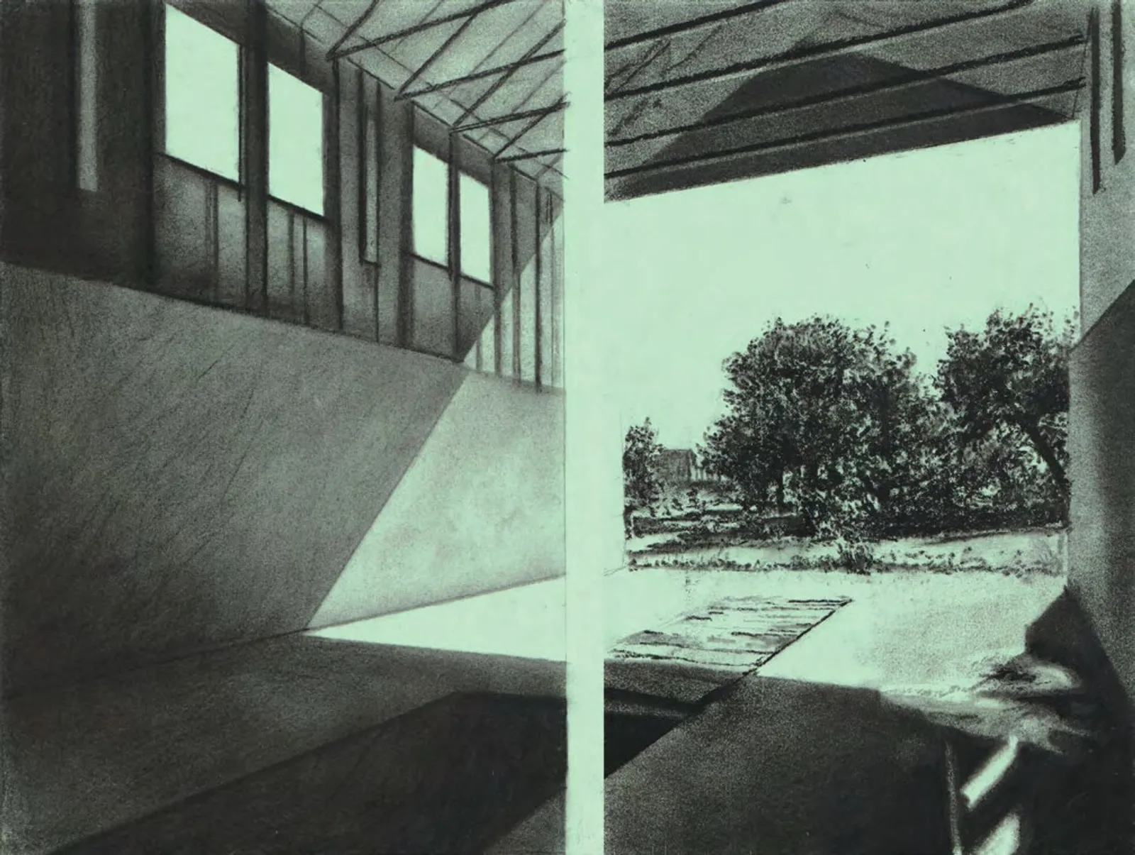 Dialogues intérieurs à la périphérie I, 2025 — charcoal on paper