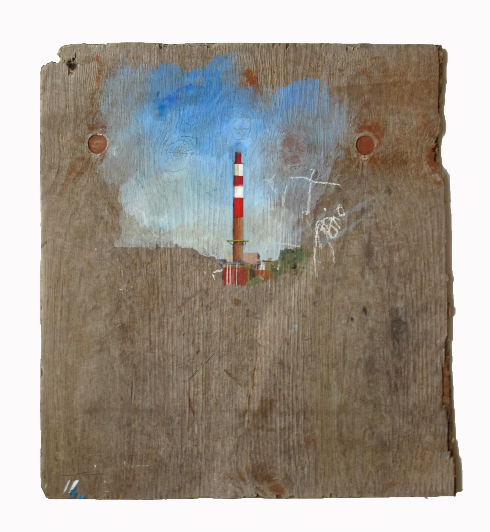 Toxic, 2008 — oil on a salvaged plank, refinery chimney