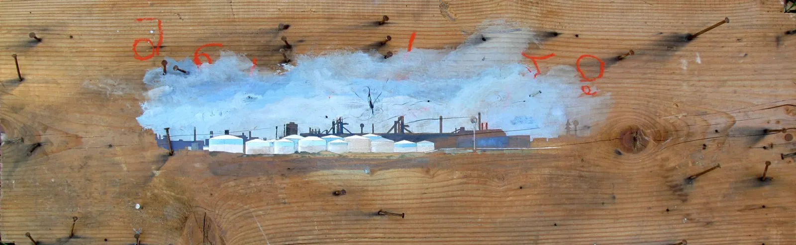 Toxic, 2008 — oil on a salvaged plank, refinery skyline under cloud