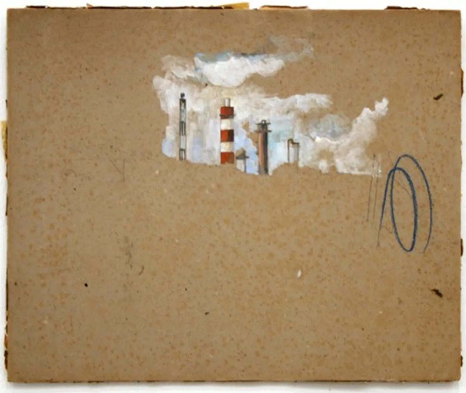 Toxic, 2008 — oil on salvaged card, chimneys and lighthouse