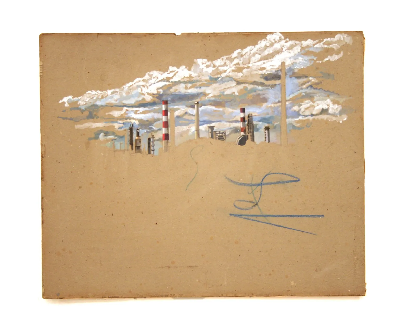 Toxic, 2008 — oil on salvaged card, refinery stacks and cloud