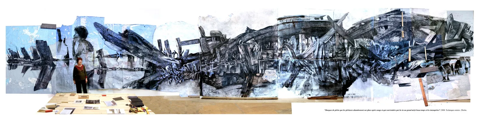 Fishing boats that fishermen abandon on the spot and which are treated by life in the open air, fair weather and storms, 2008 — oil stick, charcoal and gouache on paper, 2000 × 400 cm