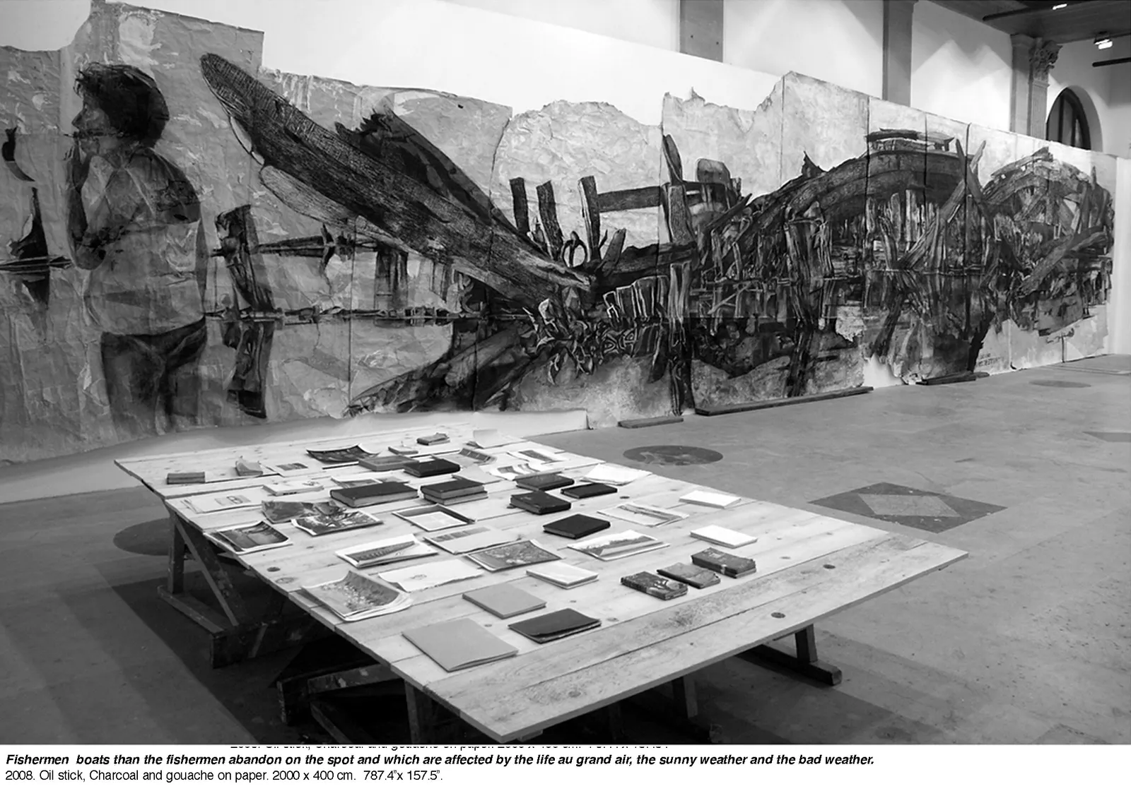 Fishing boats that fishermen abandon on the spot…, 2008 — installation view, the frieze running the walls of a primary school classroom