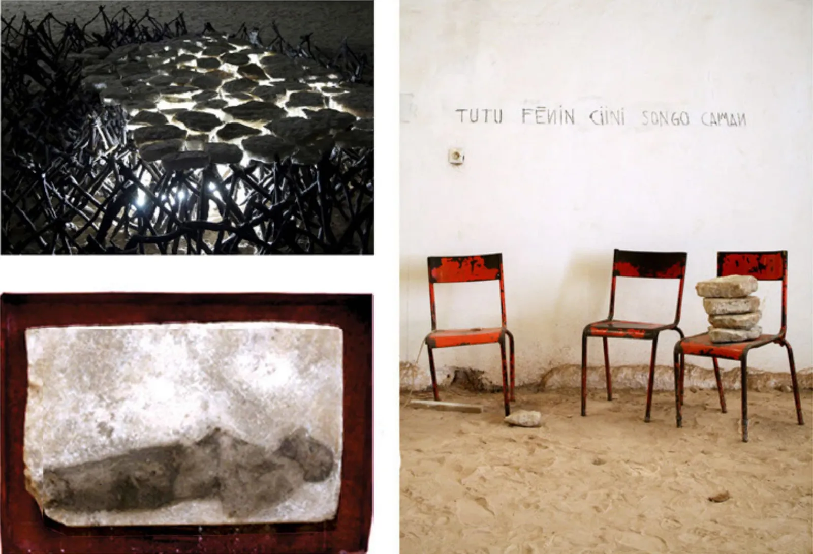 Terrains Vagues, 2009 — the salt bed, a painted figure on a broken salt block, and the chairs gathered for the grin