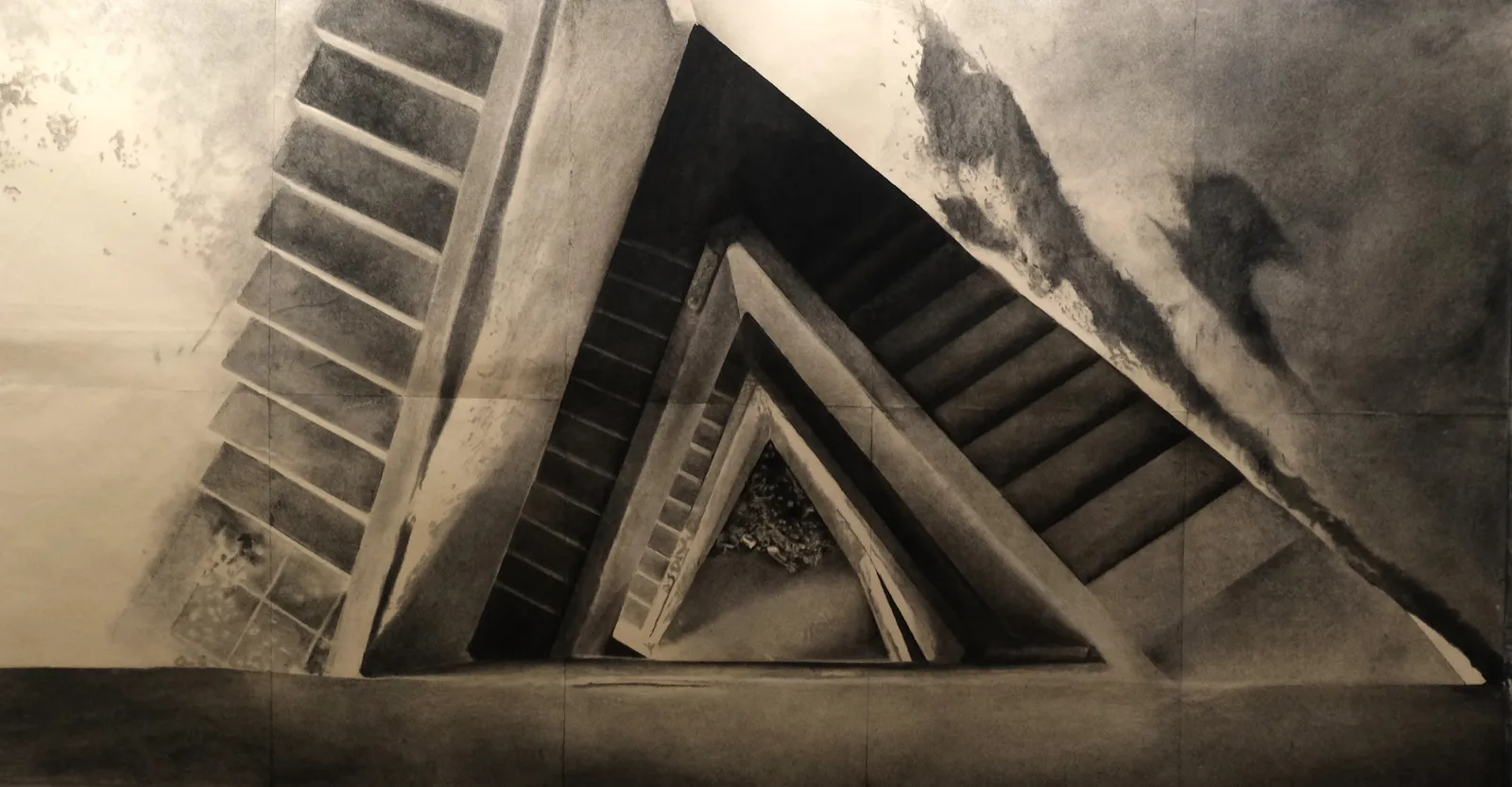 Fields and Tunnels — charcoal and pierre noire on paper, 150 × 280 cm