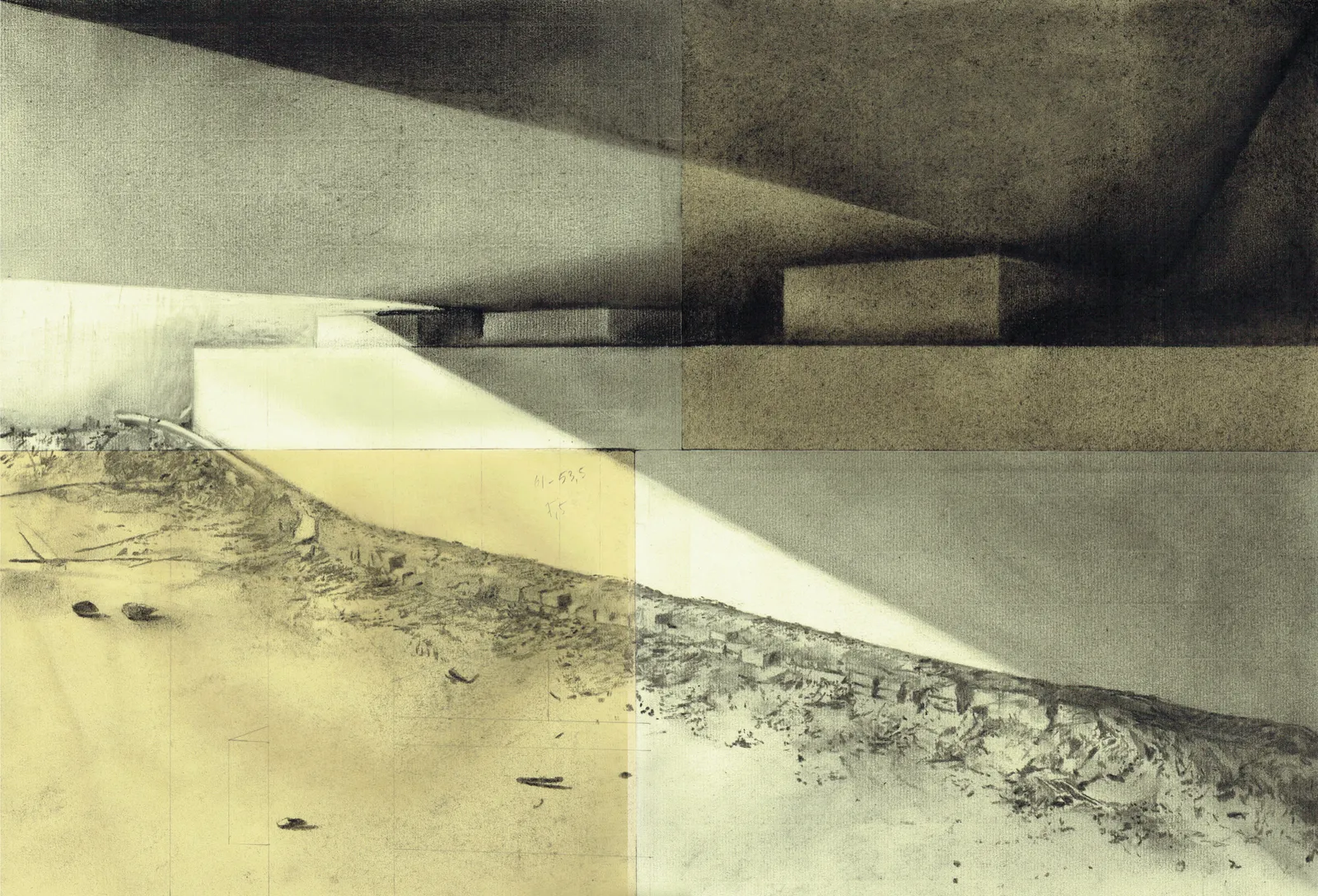Fields and Tunnels, 2018 — charcoal on paper, 42.5 × 61.5 cm