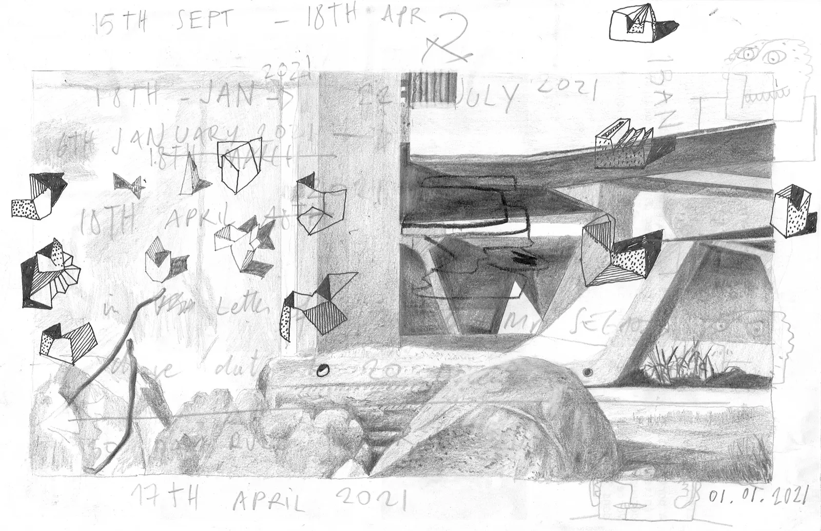 Fields and Tunnels, 2018 — charcoal on paper, 19 × 29 cm
