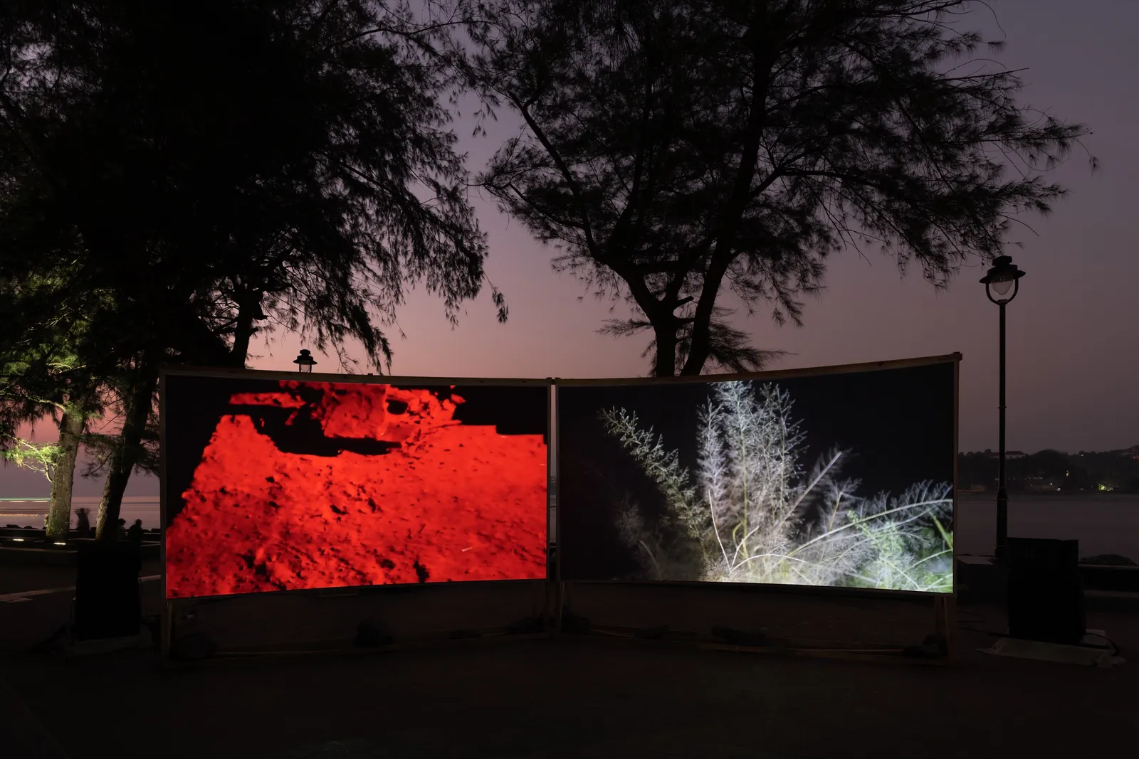 In Praise of Shadows, 2022 — two-channel video projection, installation view
