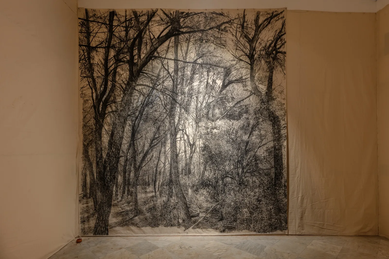 Carbon Fields, 2023 — monumental charcoal drawing, installation view