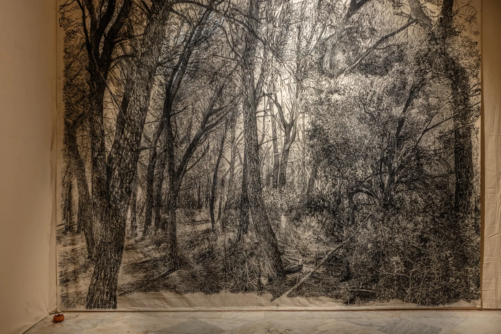 Carbon Fields, 2023 — monumental charcoal drawing, installation view