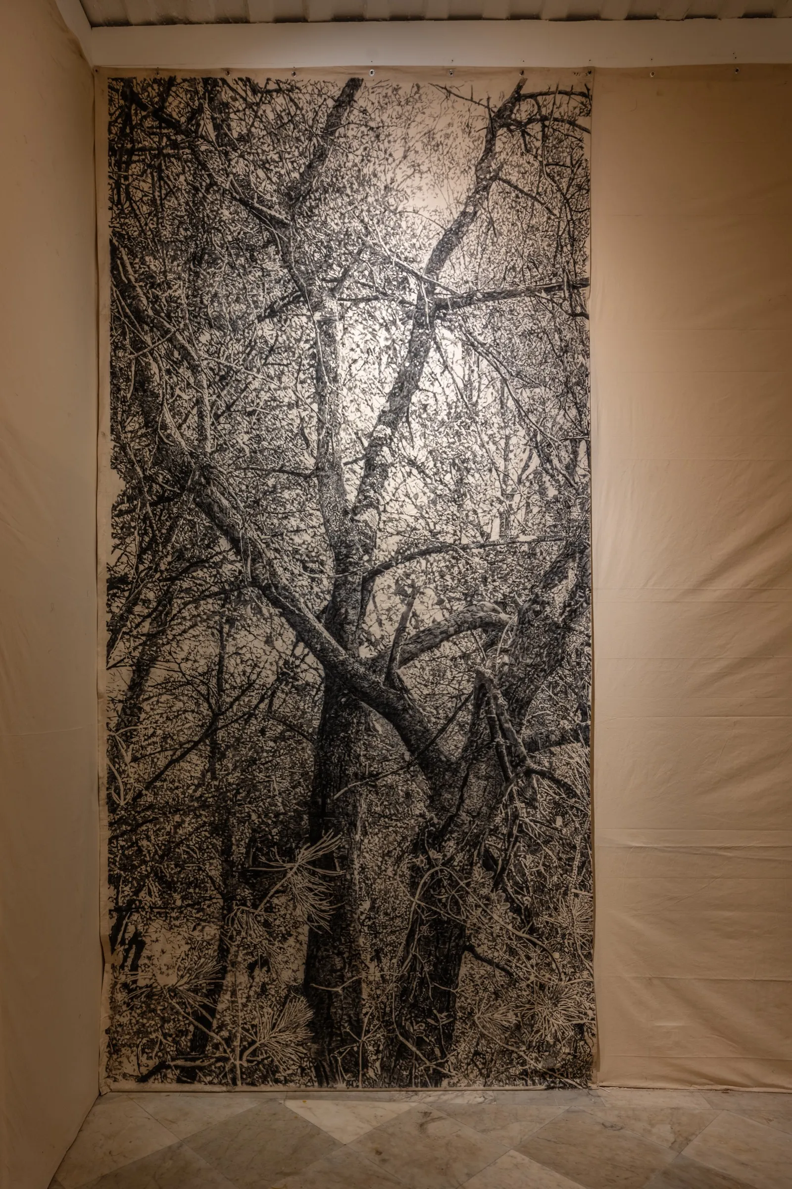 Carbon Fields, 2023 — monumental charcoal drawing, installation view