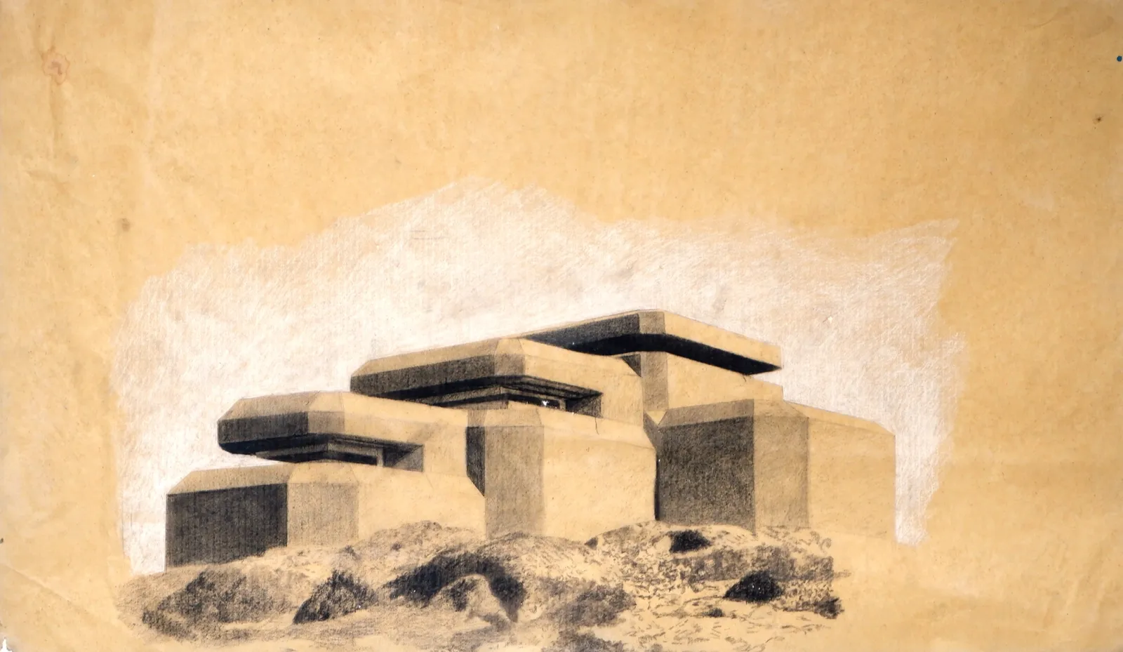 Bunker Archeology XXIV, 2023 — charcoal, ink wash and white chalk on aged paper, 42 × 71.5 cm