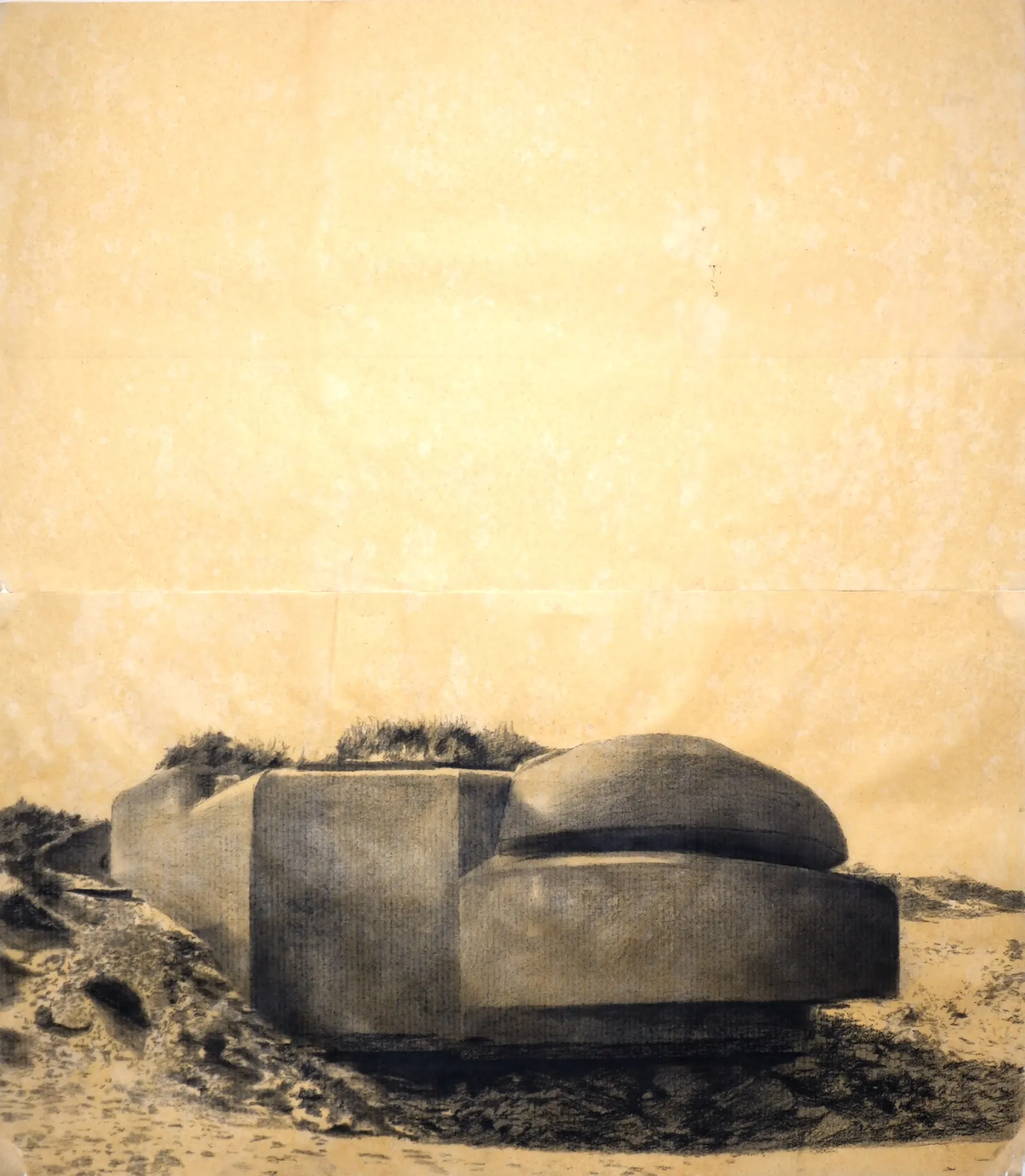 Bunker Archeology XXV, 2023 — charcoal, ink wash and white chalk on aged paper, 84 × 71.5 cm