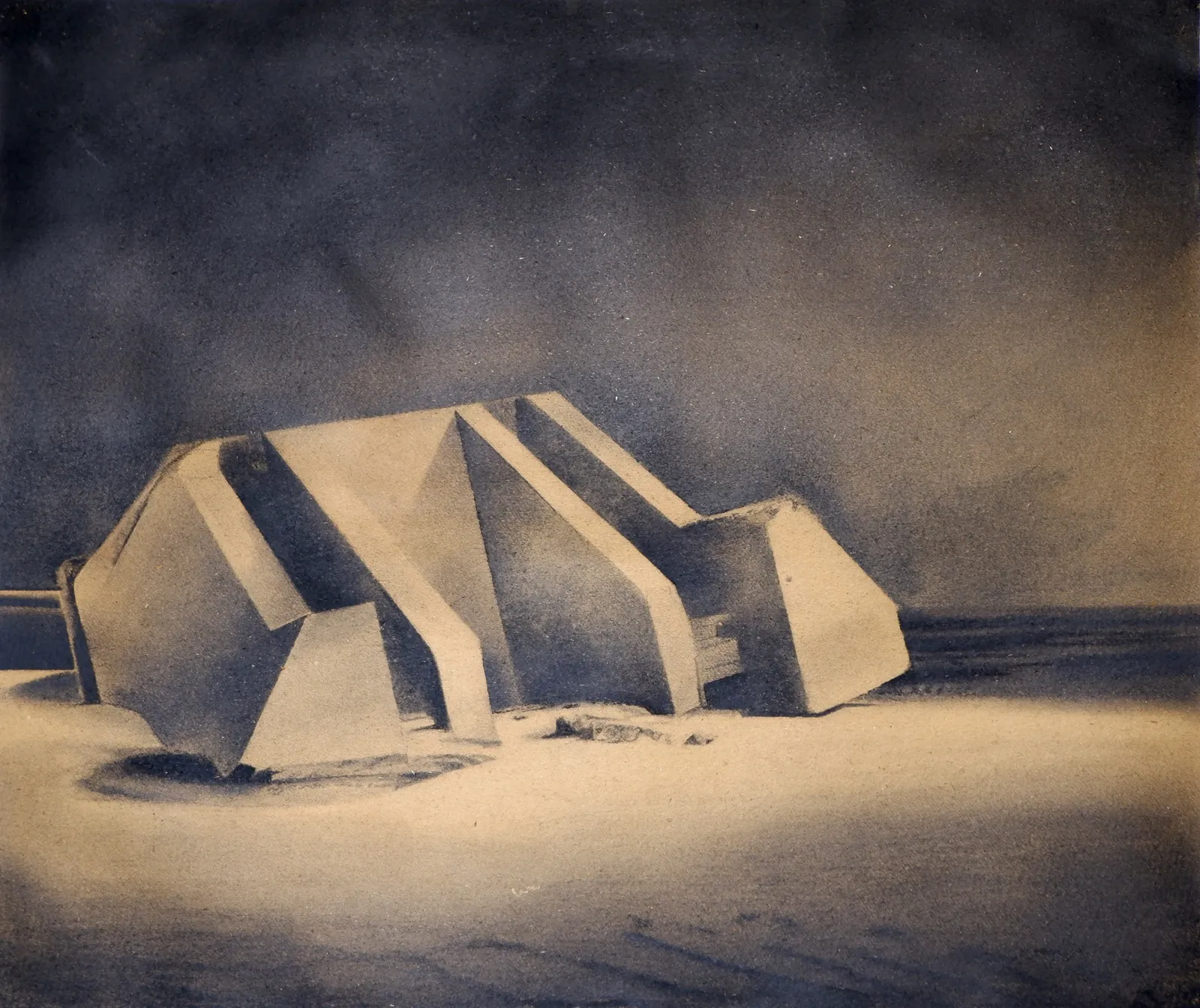 Bunker Archeology XXVI, 2023 — charcoal, ink wash and white chalk on aged paper