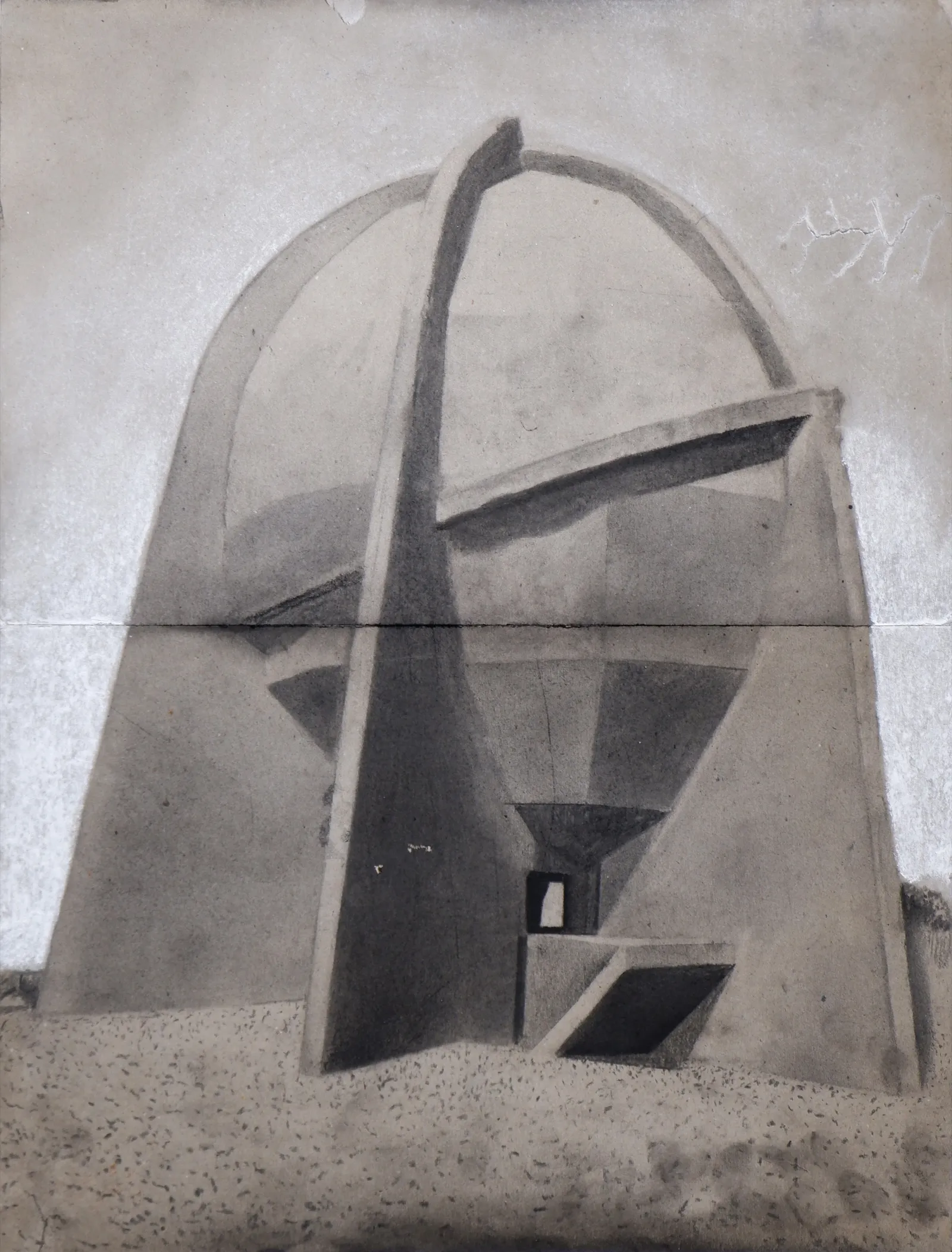 Bunker Archeology XXVII, 2023 — charcoal, ink wash and white chalk on aged paper
