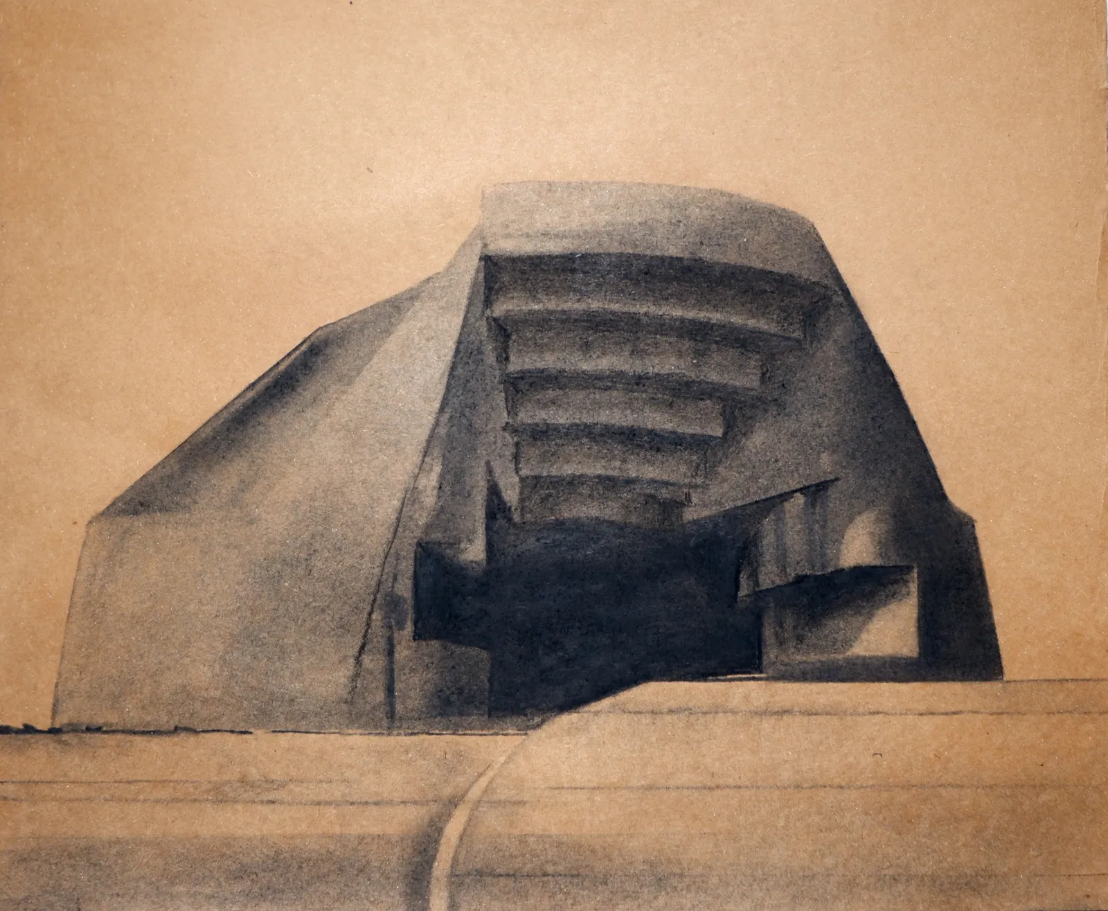 Bunker Archeology XXVIII, 2023 — charcoal, ink wash and white chalk on aged paper