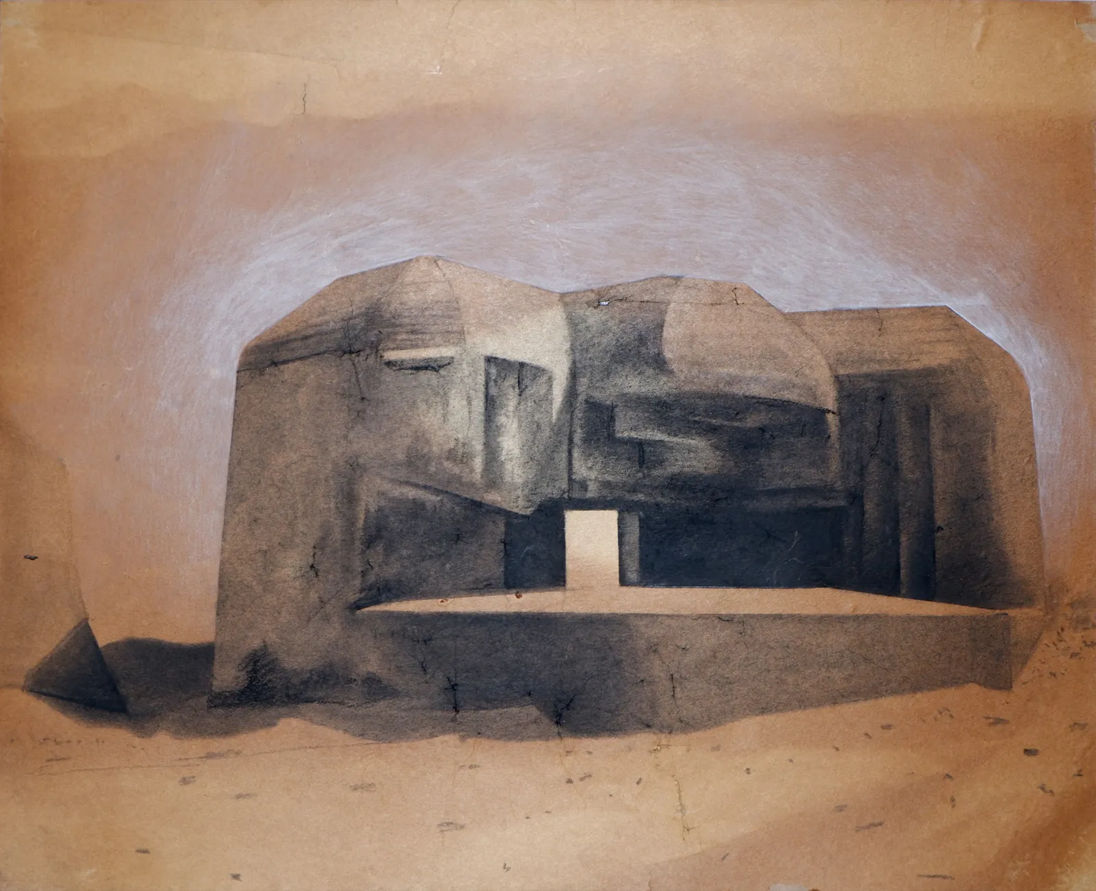 Bunker Archeology XXIX, 2023 — charcoal, ink wash and white chalk on aged paper