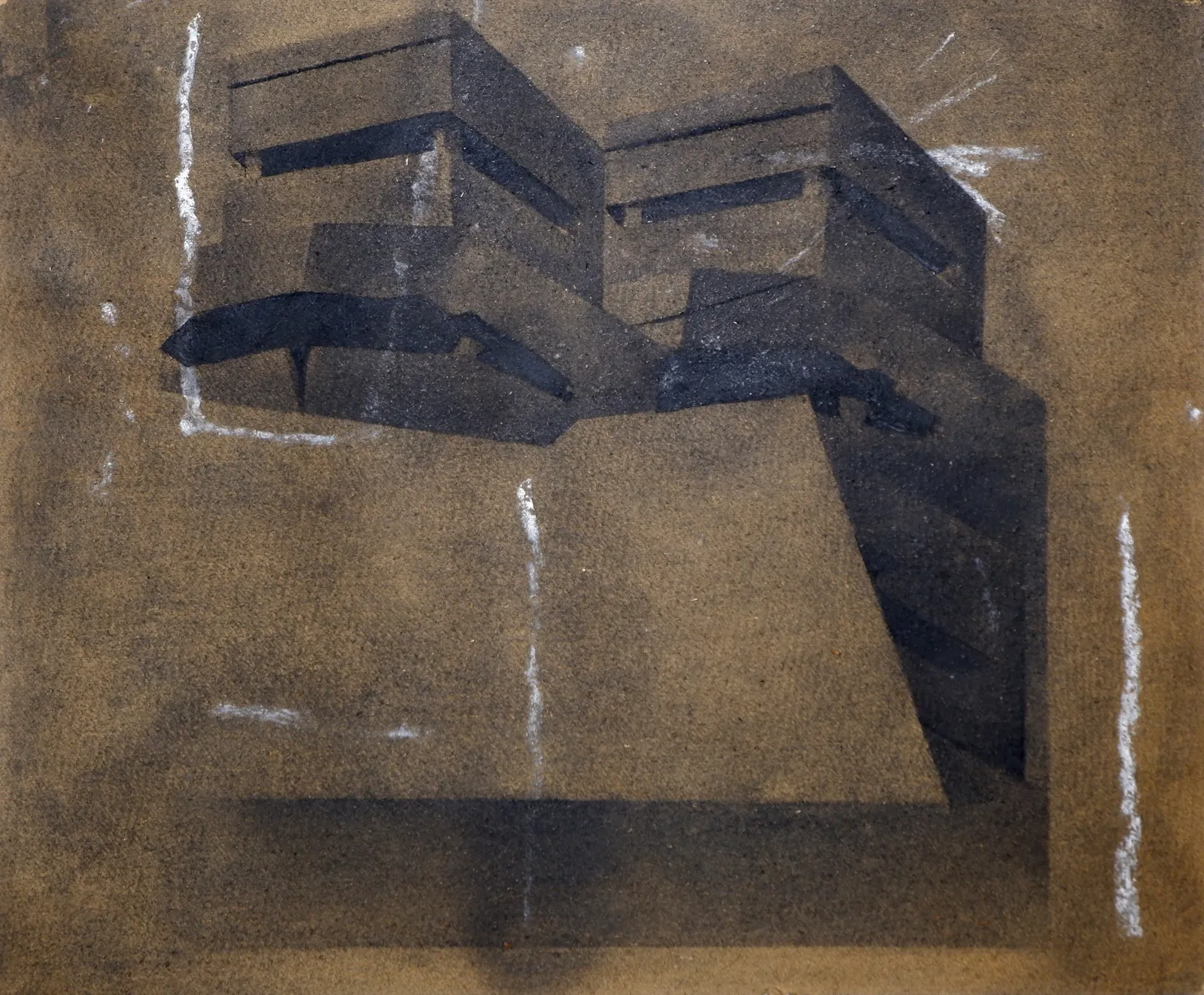 Bunker Archeology XXXI, 2023 — charcoal, ink wash and white chalk on aged paper