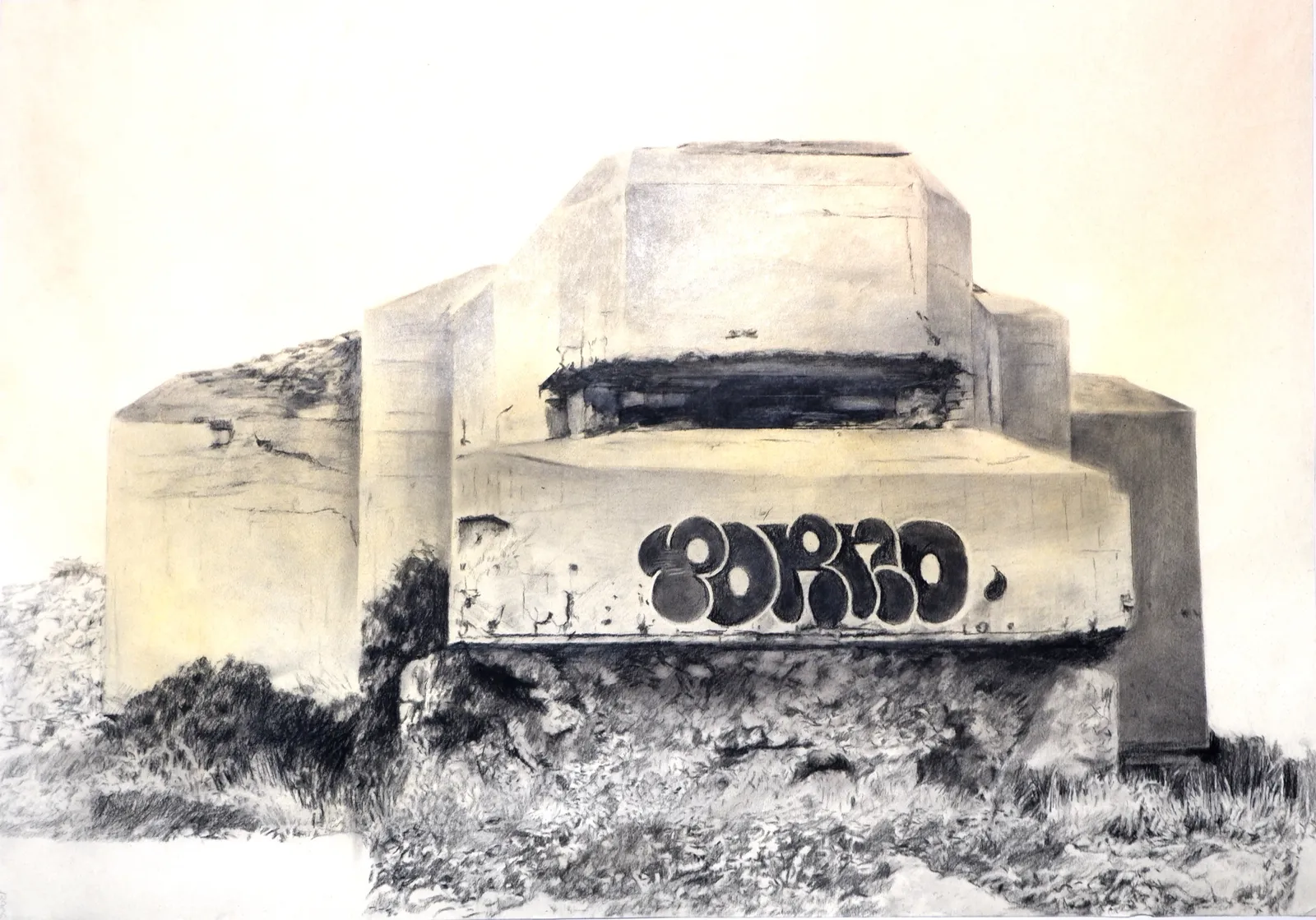 Bunker Archeology XXXII, 2023 — charcoal, ink wash and white chalk on aged paper