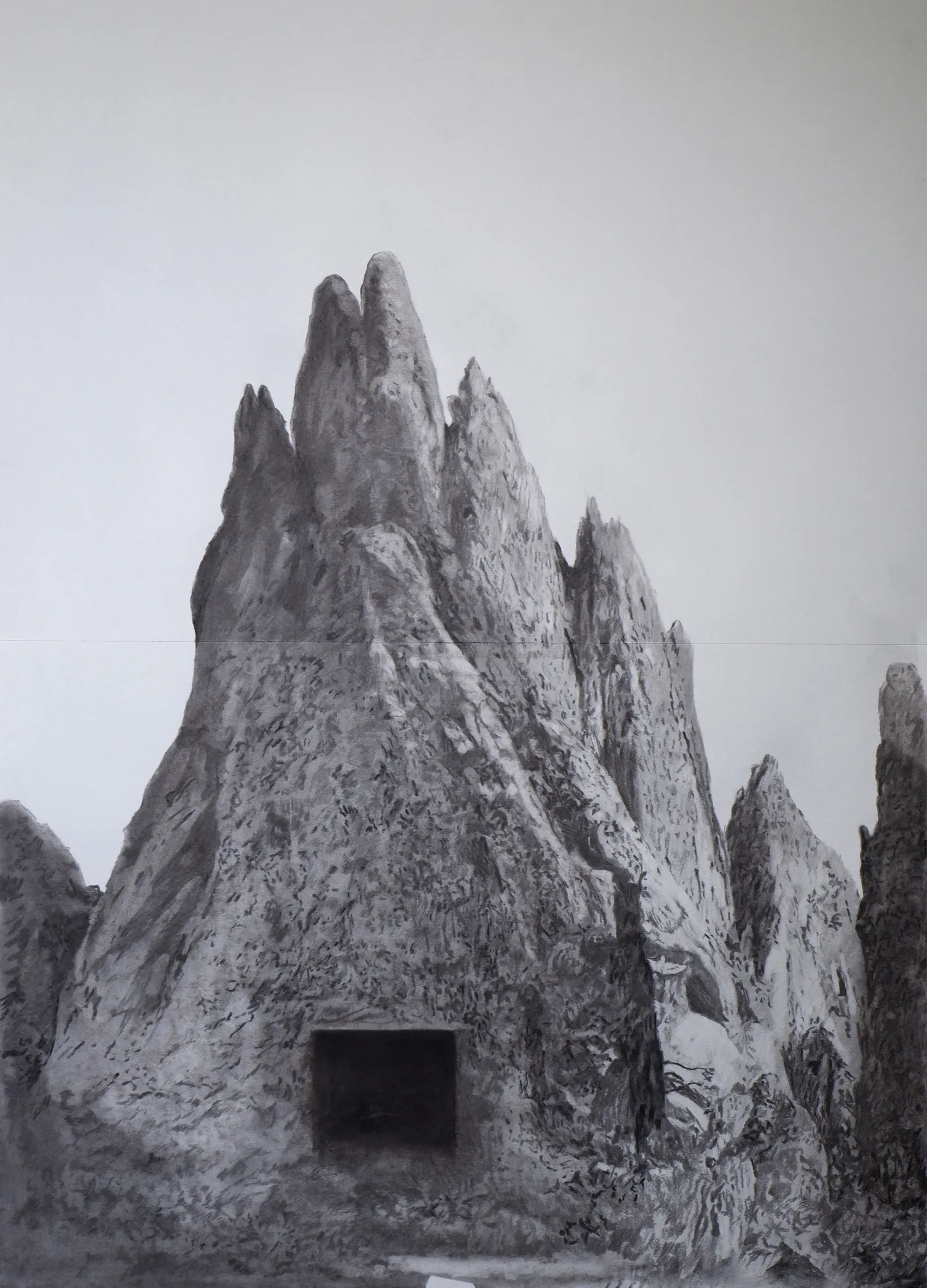 Blue Mountain, 2023 — charcoal, ink wash and white chalk on aged paper, 100 × 70 cm