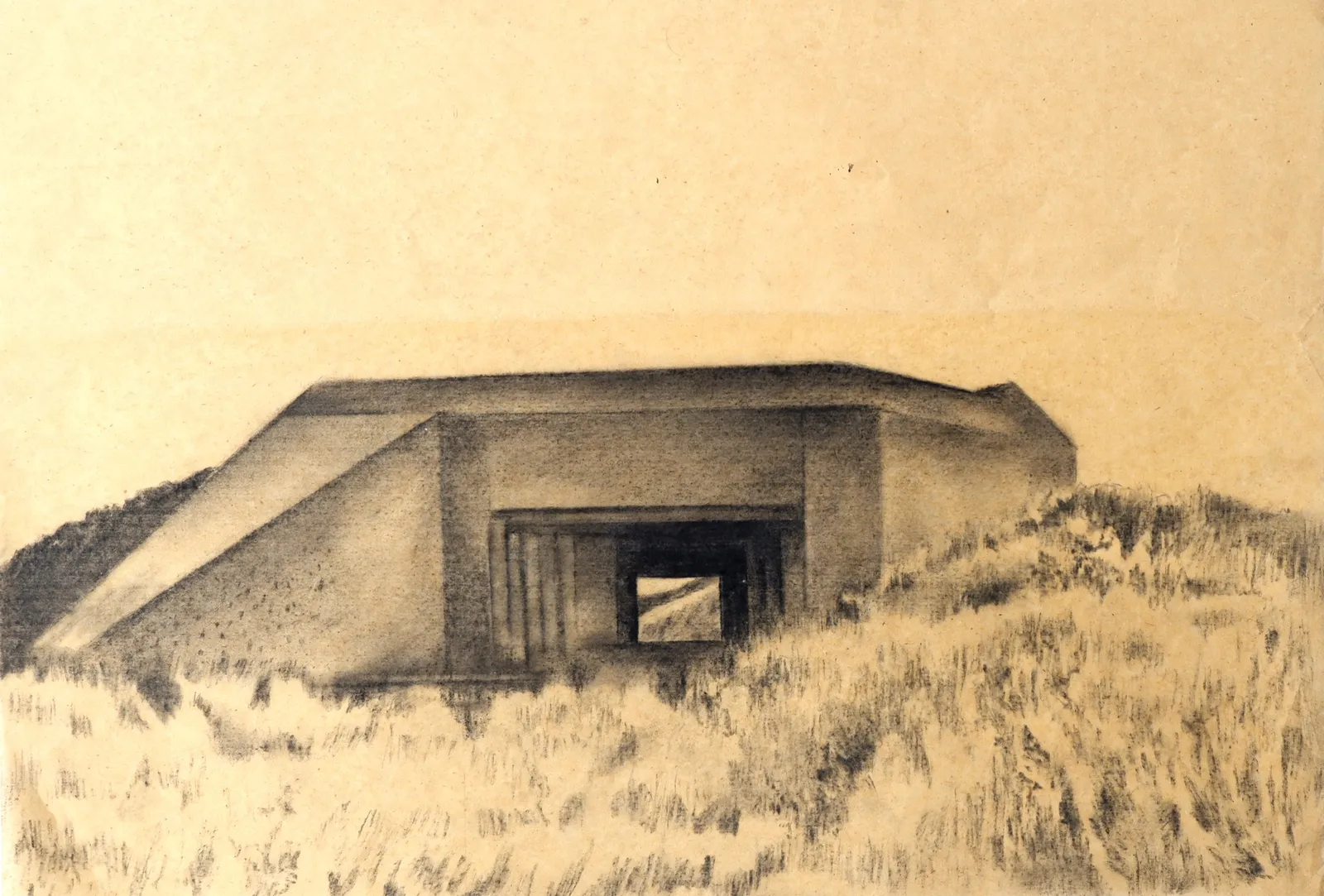 Bunker Archeology — charcoal, ink wash and white chalk on aged paper