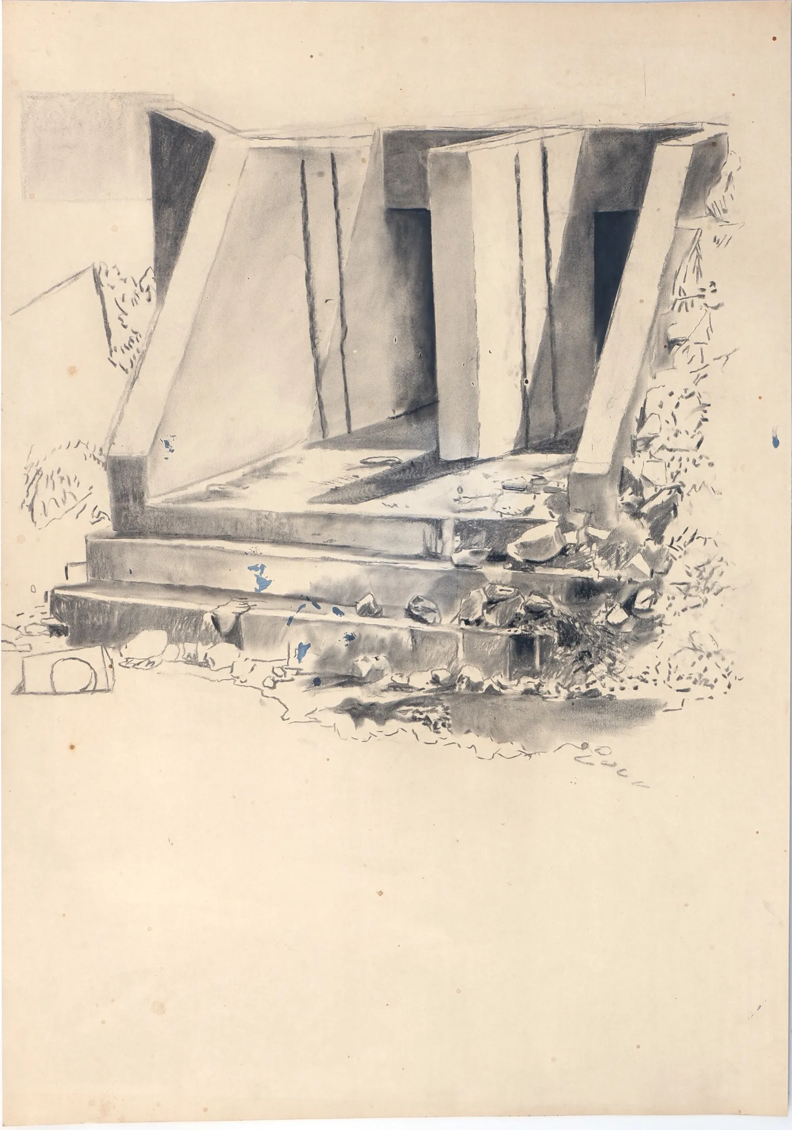 Bunker Archeology — charcoal, ink wash and white chalk on aged paper