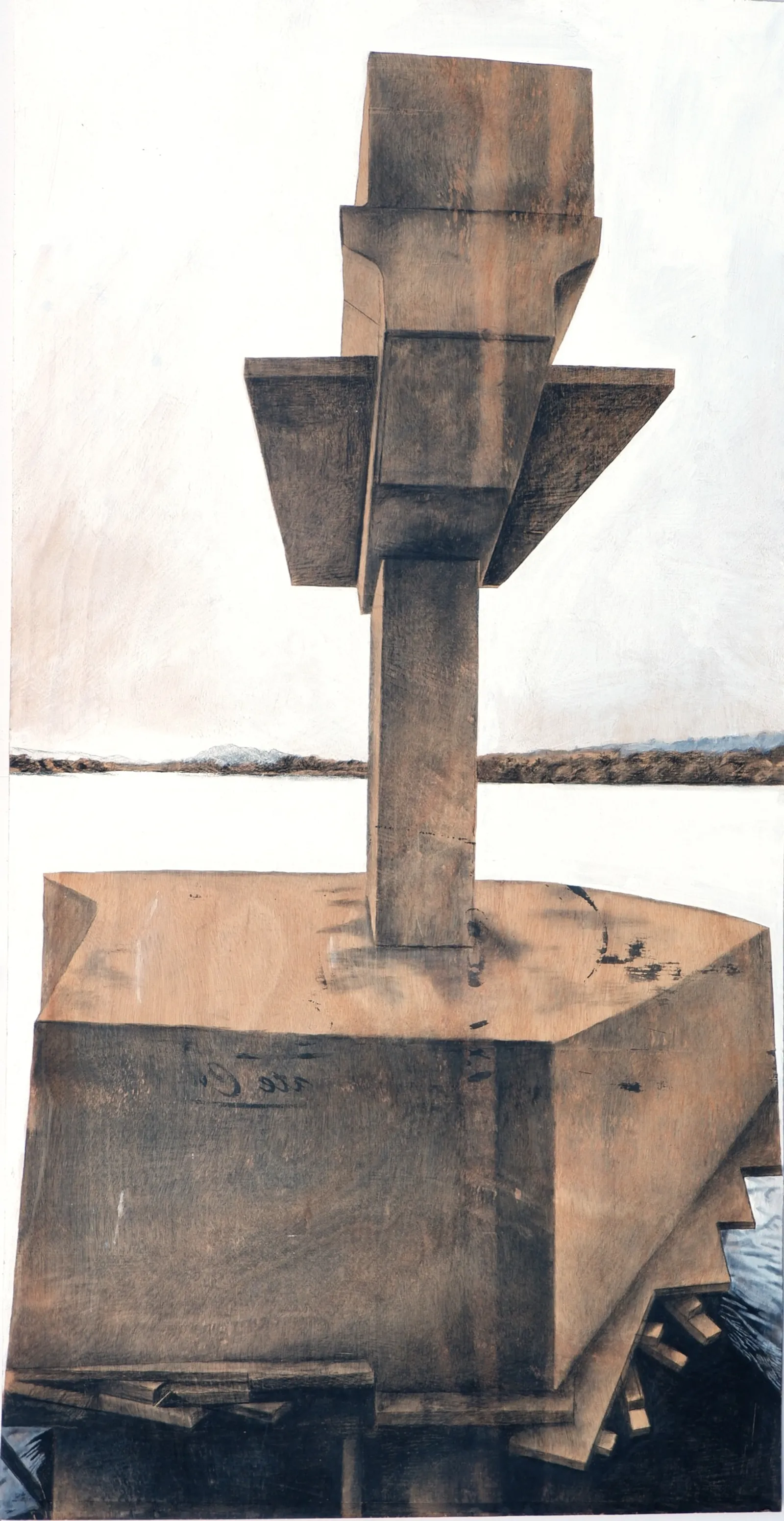 Bunker Archeology — charcoal, ink wash and white chalk on aged paper