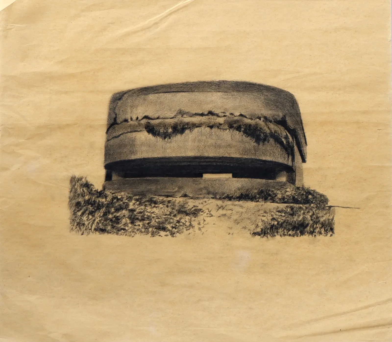 Bunker Archeology — charcoal, ink wash and white chalk on aged paper