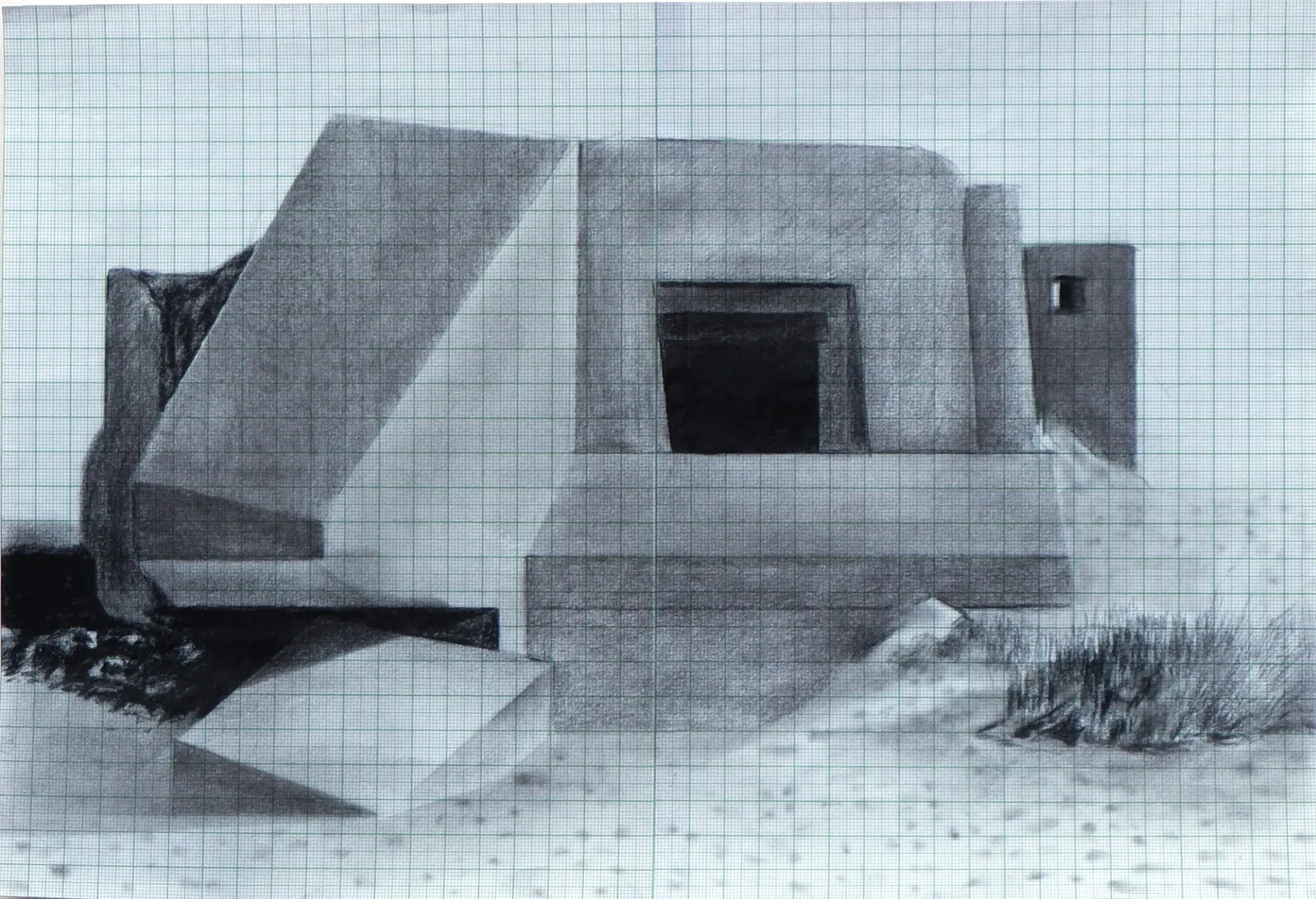 Bunker Archeology — charcoal, ink wash and white chalk on aged paper