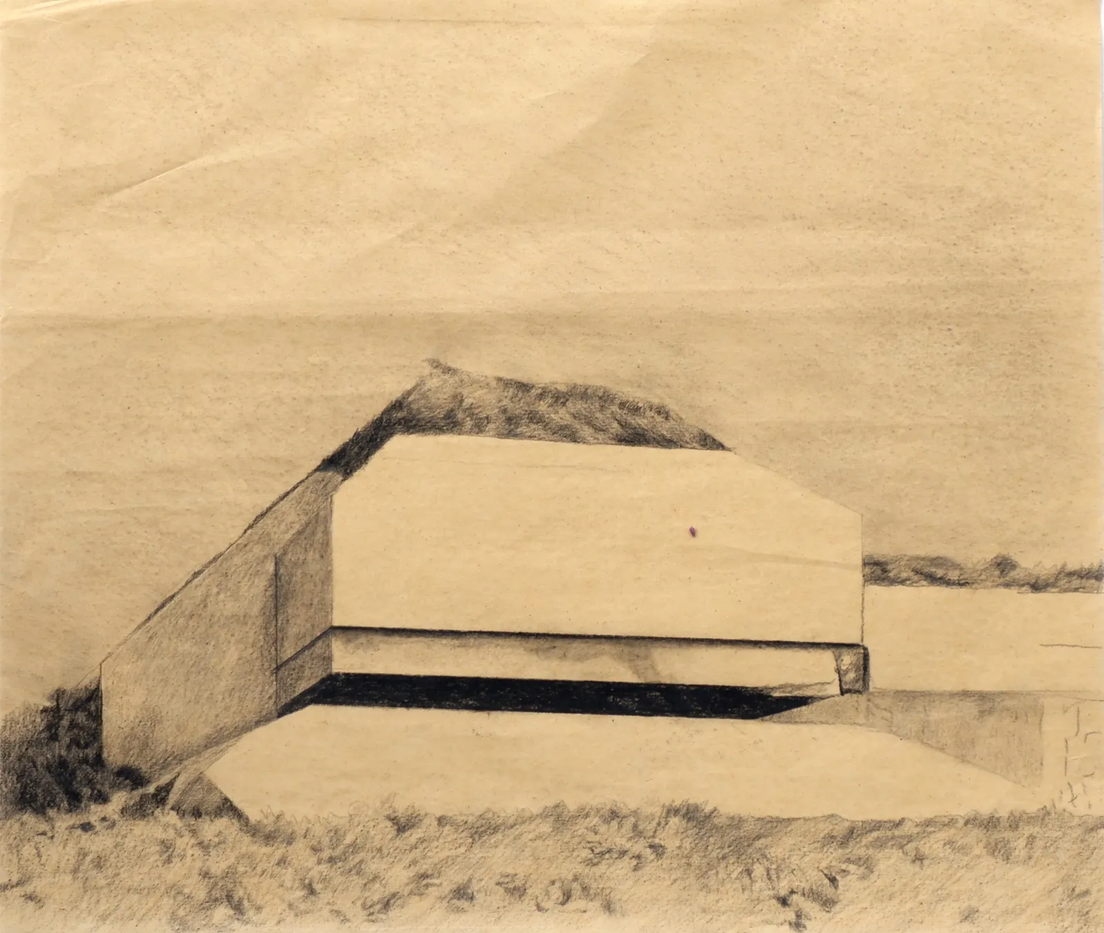 Bunker Archeology — charcoal, ink wash and white chalk on aged paper