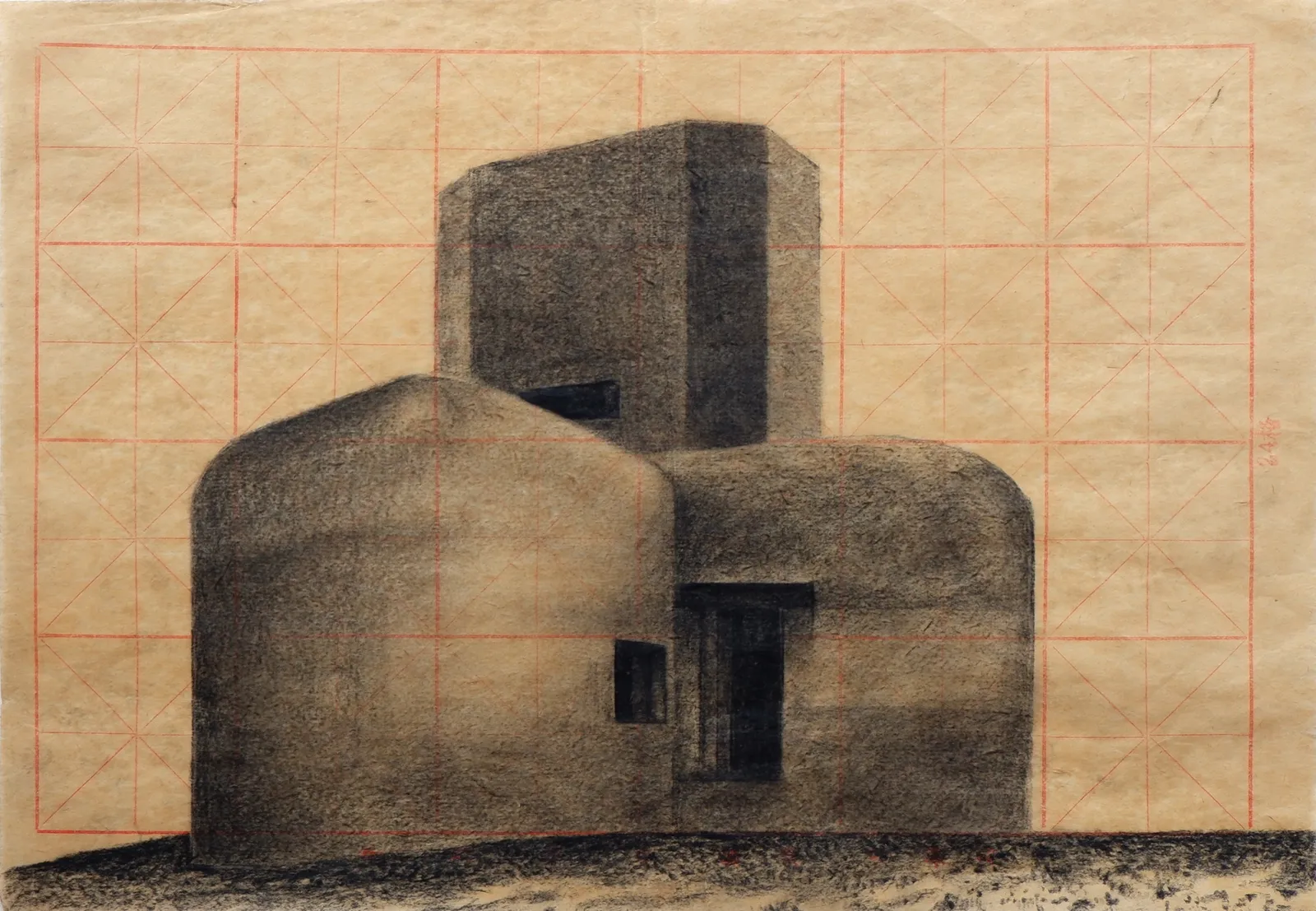 Bunker Archeology — charcoal, ink wash and white chalk on aged paper