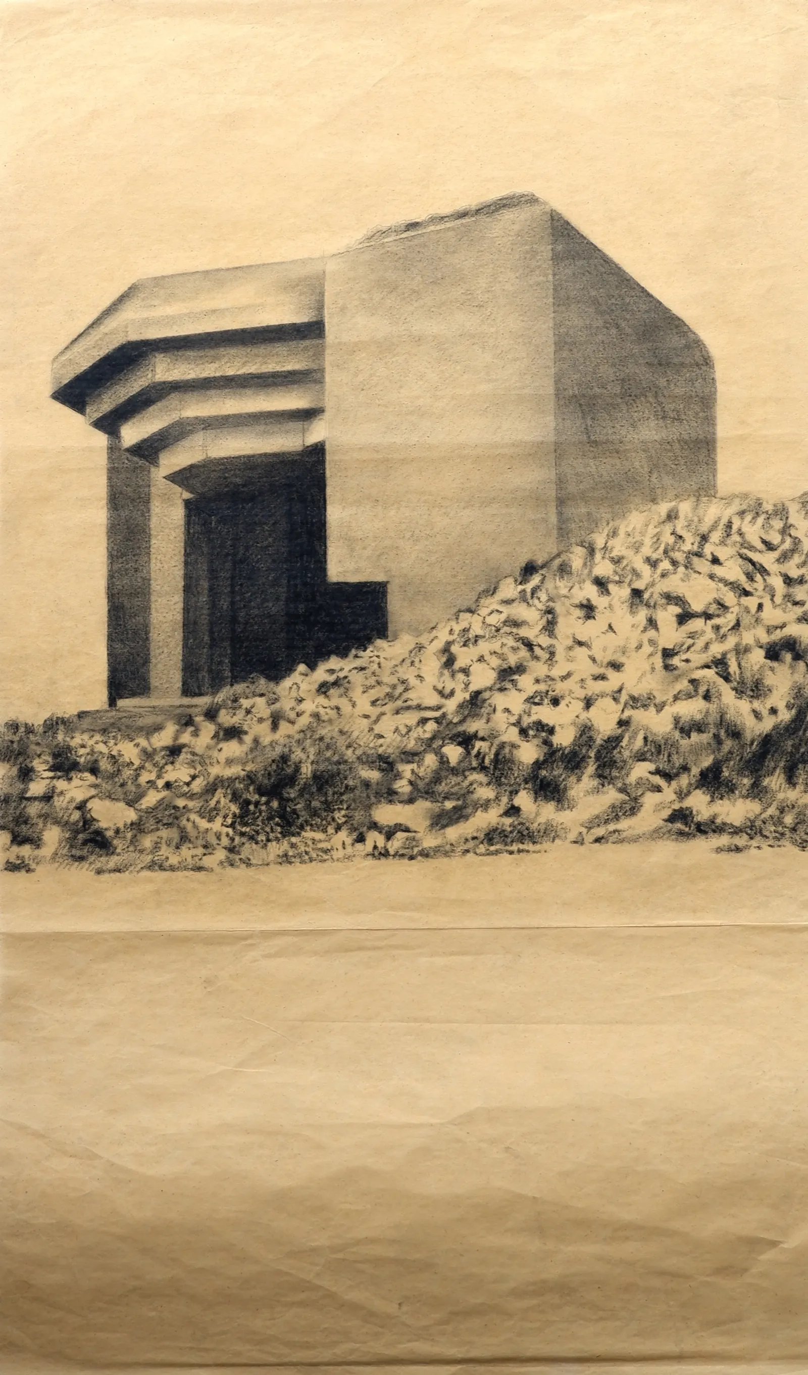 Bunker Archeology — charcoal, ink wash and white chalk on aged paper
