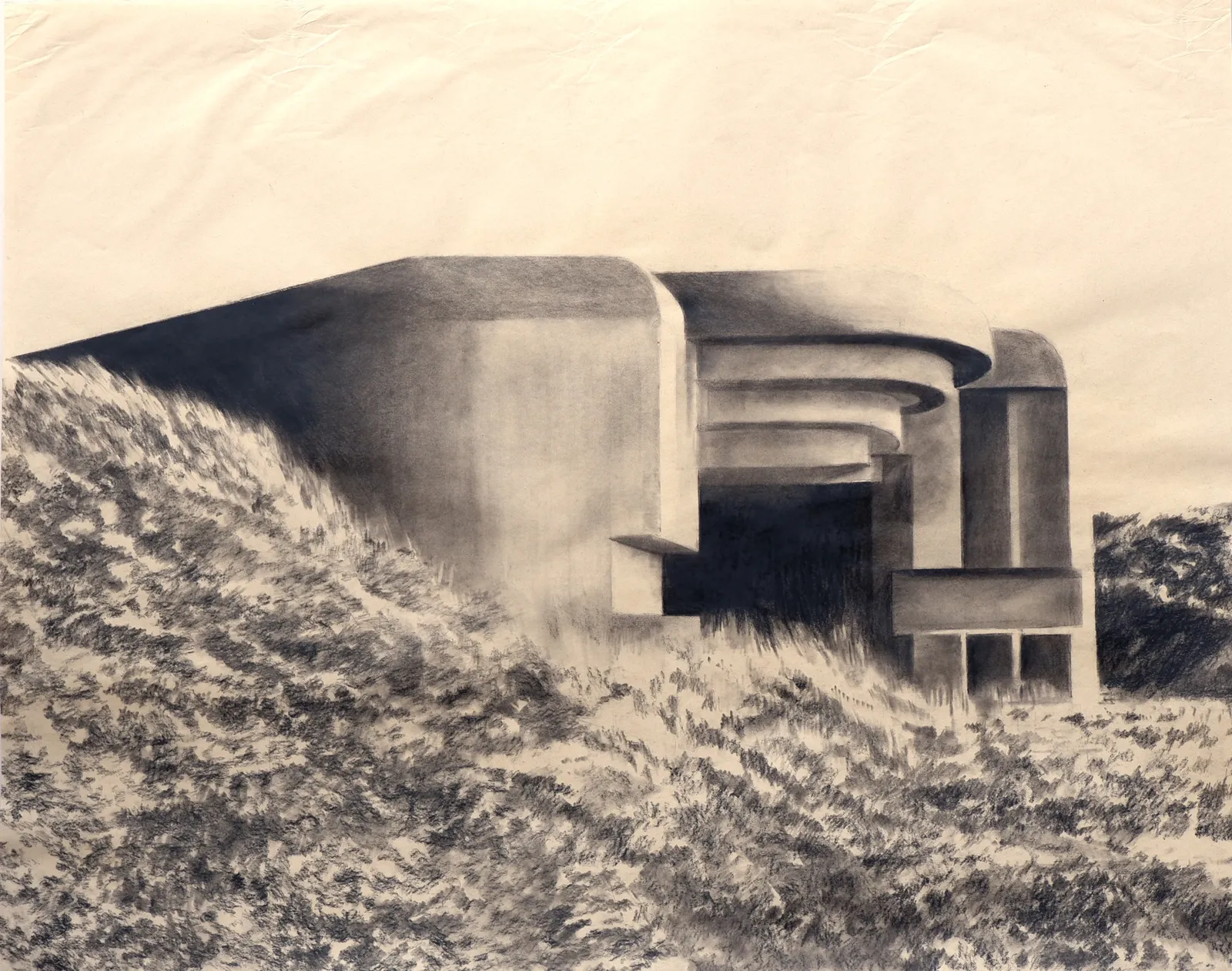 Bunker Archeology — charcoal, ink wash and white chalk on aged paper