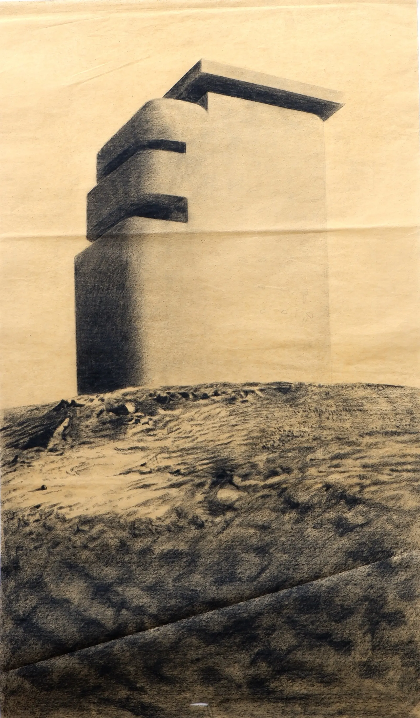 Bunker Archeology — charcoal, ink wash and white chalk on aged paper