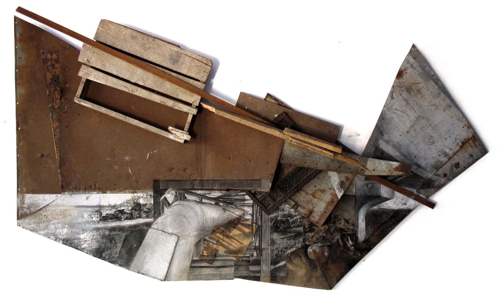 Rajghat, 2013 — collage, charcoal and pastel on paper, cardboard, wood and metal