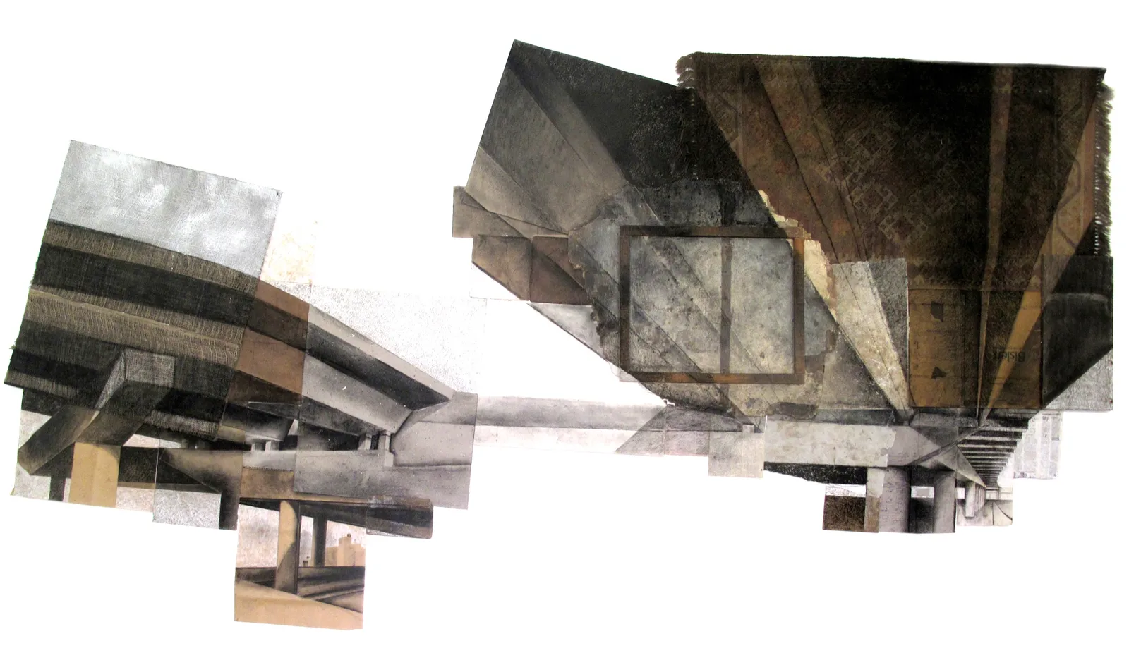 Flyovers, 2013 — collage, charcoal and pastel on paper, cardboard, wood and metal