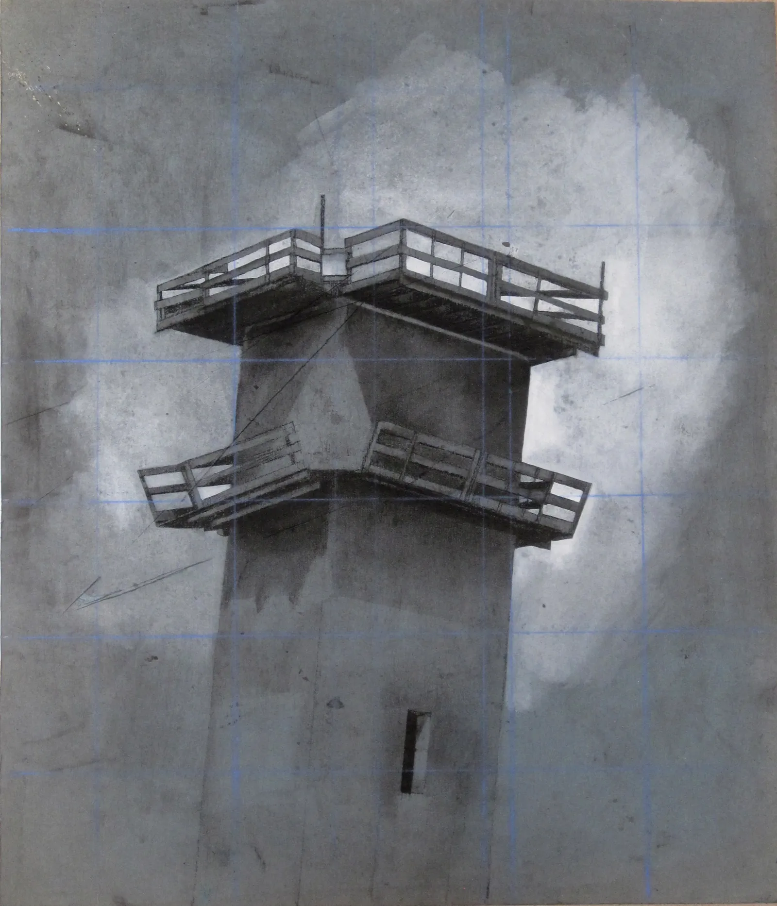 Invisible Cities — watchtower raised on stilts, 66.5 × 57 cm