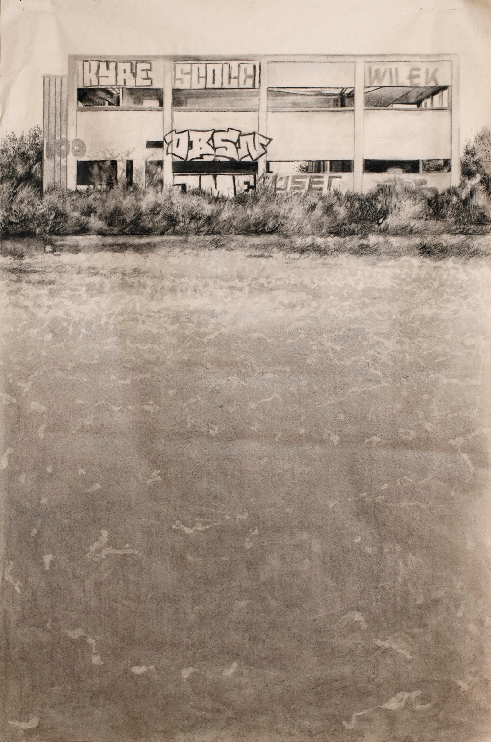 Shift, 2025 — charcoal on paper, a tagged and abandoned building behind scrub
