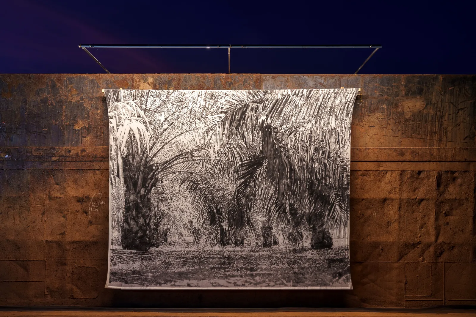The Barge — installation view, charcoal on cloth, Old Goa, 2025