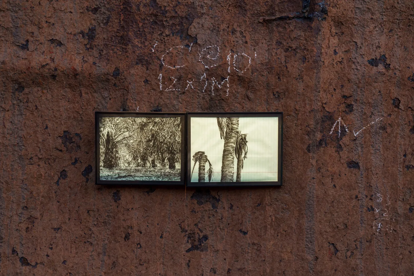 The Barge — installation view, framed drawings on the hull, Old Goa, 2025