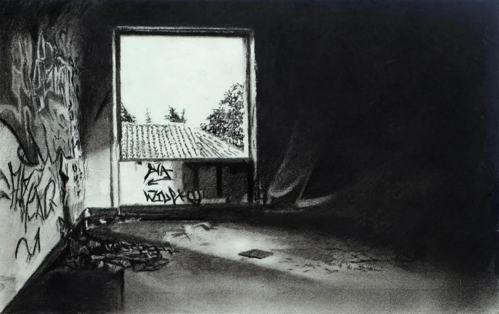 The Barge, 2025 — charcoal on paper, 21.4 × 34 cm