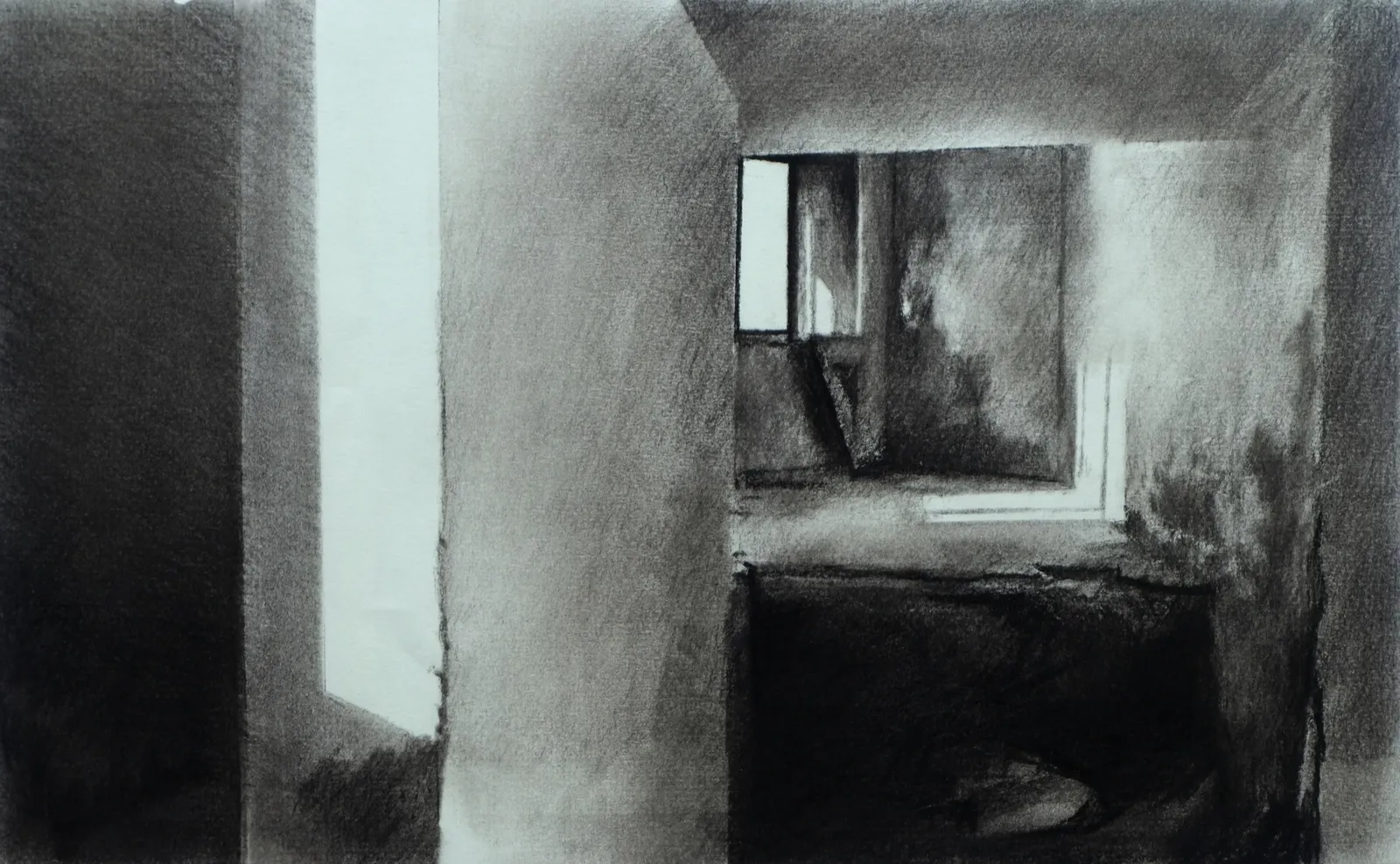 The Barge, 2025 — charcoal on paper, 21 × 34 cm