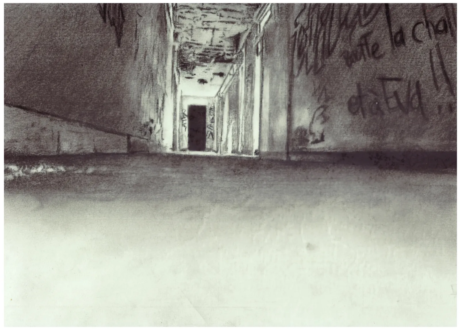 The Barge, 2025 — charcoal on paper, 21.2 × 34 cm