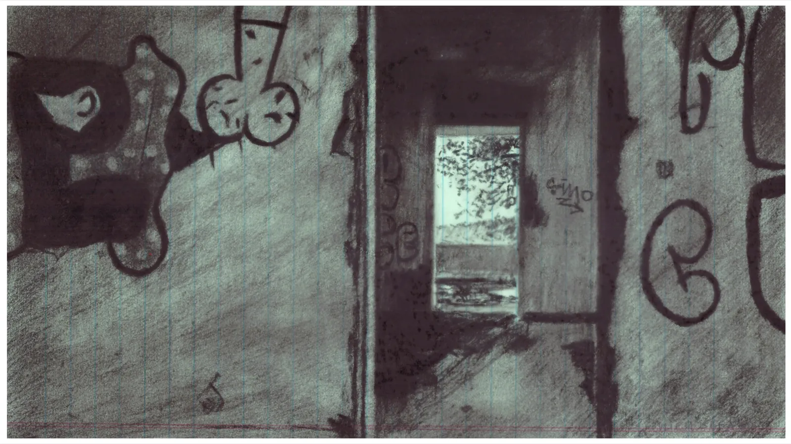 The Barge, 2025 — charcoal on paper, 15.7 × 30.3 cm