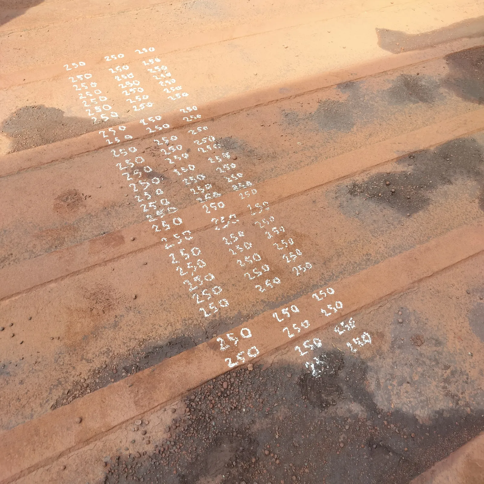 The Barge — chalk numeration in columns across the deck plating, Old Goa, 2025